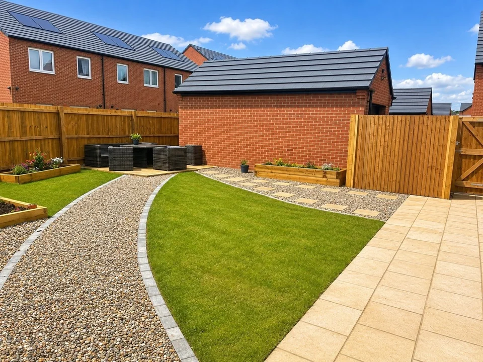 Garden Design in Chester. Completed landscaping with curved lawn, gravel path, sandstone patio and timber fencing