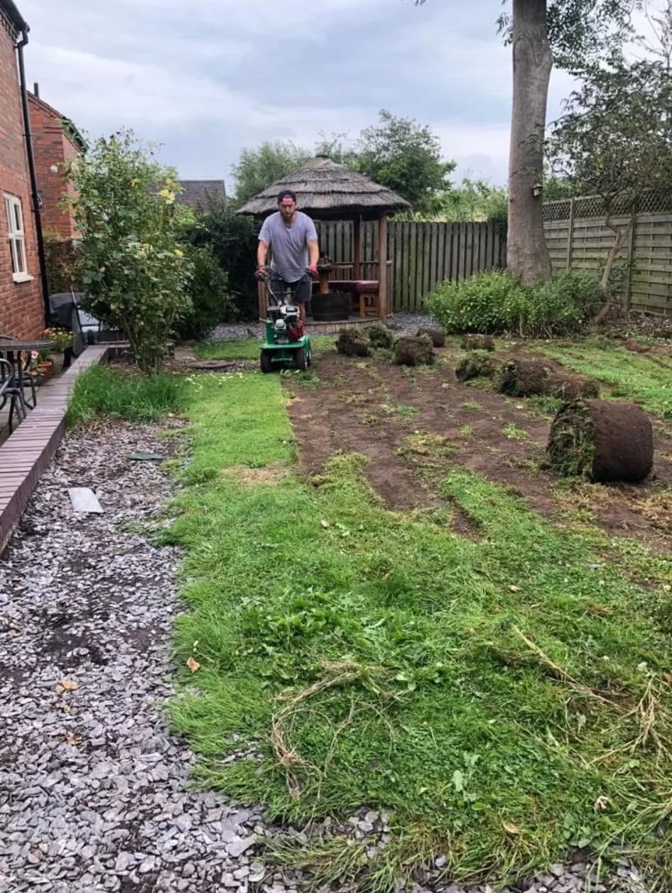 Garden Clearances in Chester. Garden makeover in progress with old turf lifted and ground prepared