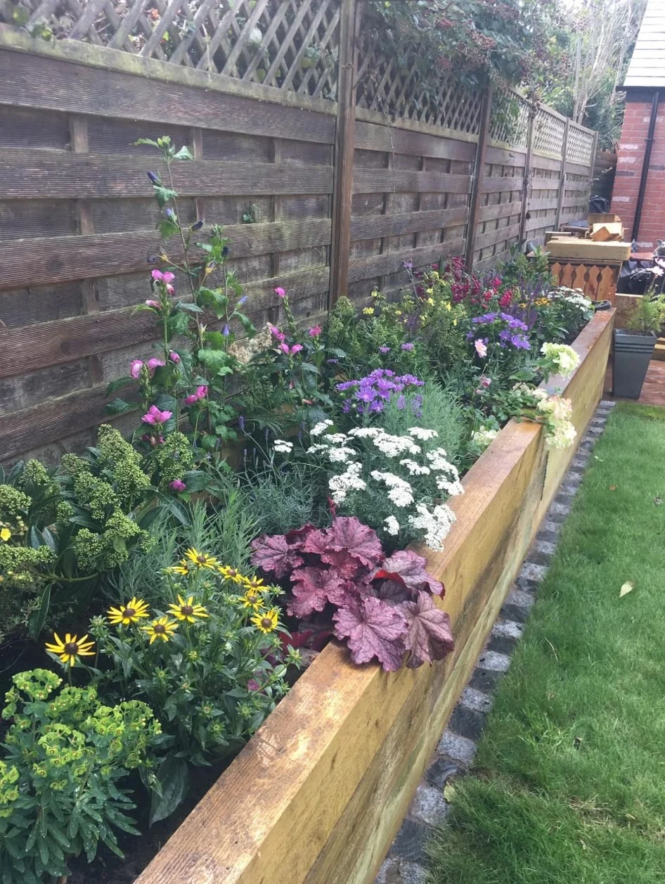 Soft landscaping with flowering perennials in a sleeper raised border beside a lawn