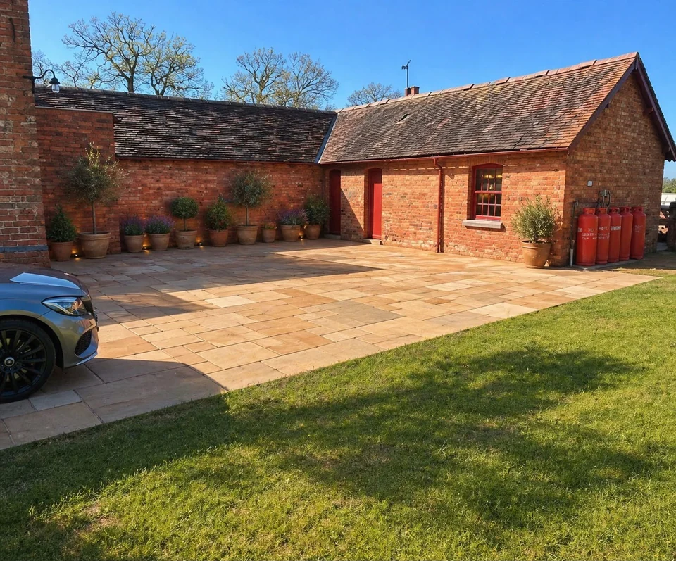 Sandstone paved courtyard beside a brick barn with lawn, by Chester Garden Services